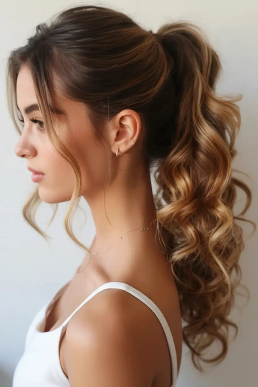 easy spring hairstyle for long hair 2026 Soft Curl Ponytail With Honey-Toned Dimension