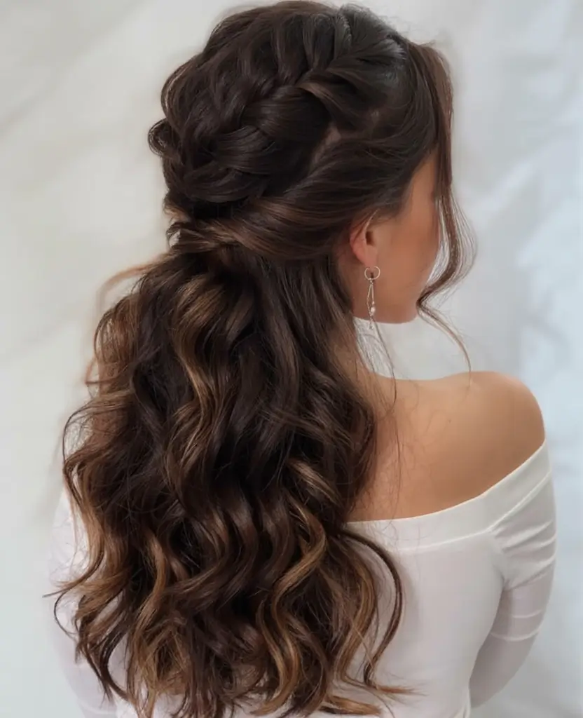 easy spring hairstyle for long hair 2026 Woven Crown Braid With Cascading Spring Waves