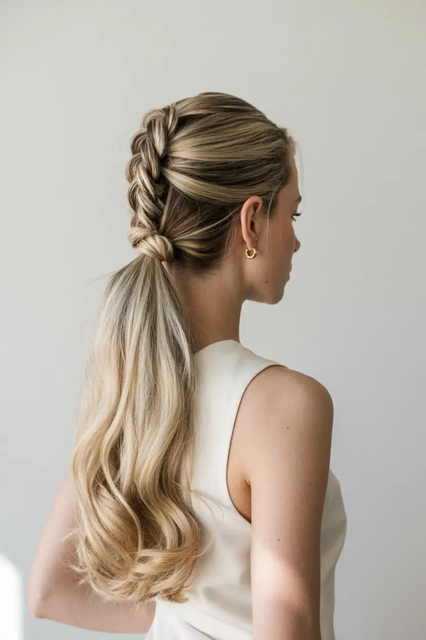 easy spring hairstyle for long hair 2026 Polished Braid-to-Pony With Sunlit Blonde Dimension
