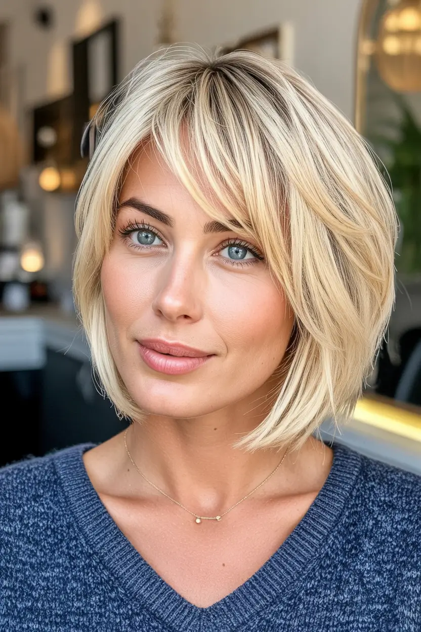 favorite spring haircuts for women over 60 2026 Chin-Length Blonde Bob With Soft Fringe
