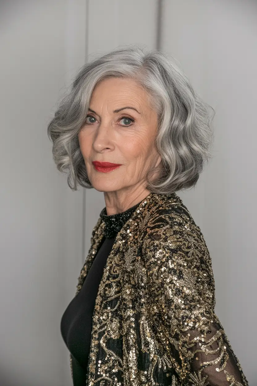 favorite spring haircuts for women over 60 2026 Classic Curled Metallic Bob