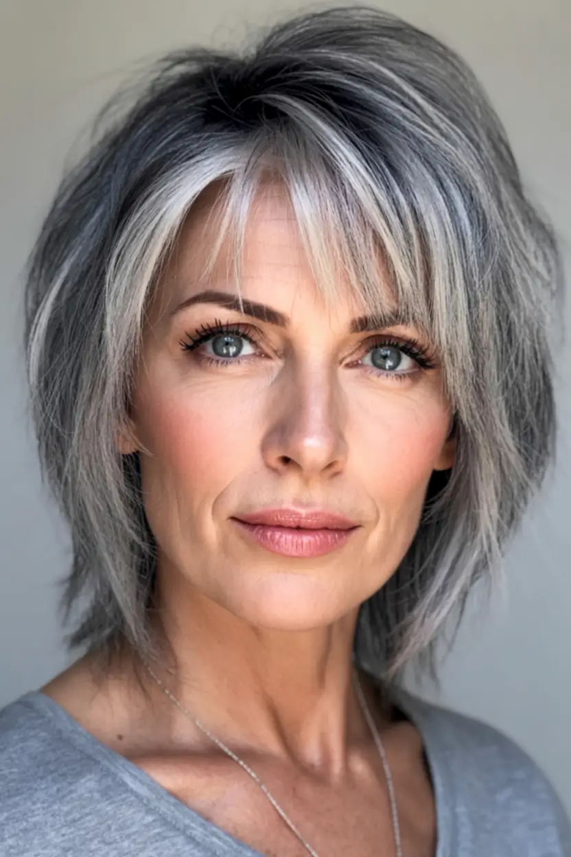 favorite spring haircuts for women over 60 2026 Textured Silver Shag With Soft Fringe