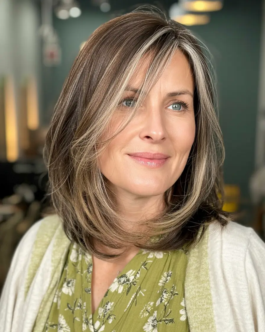 favorite spring haircuts for women over 60 2026 Warm Brunette Midi With Silver Brightening Strands