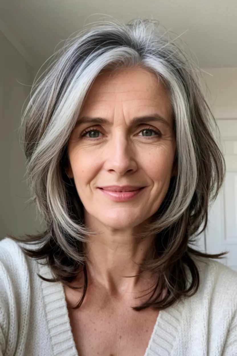 favorite spring haircuts for women over 60 2026 Layered Silver Midi With Bright-Face Framing