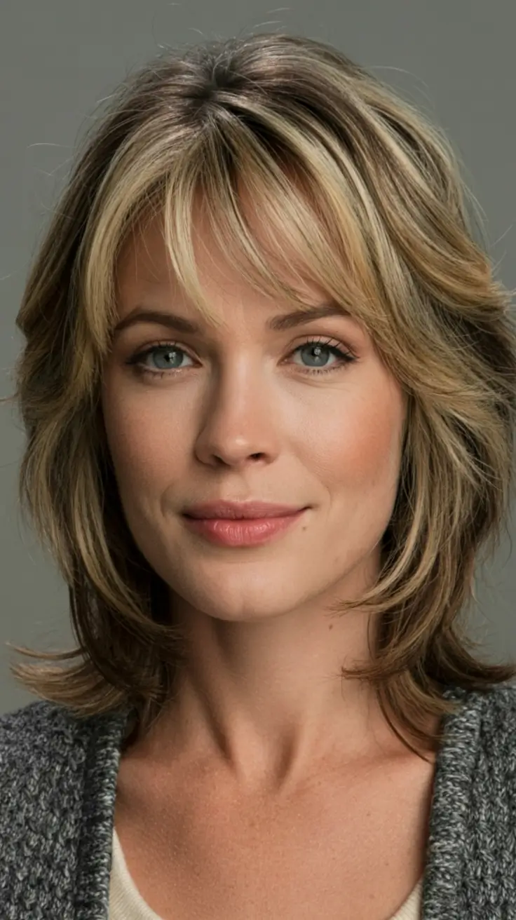 favorite spring haircuts for women over 60 2026 Feathered Honey-Highlight Shag With Fringe