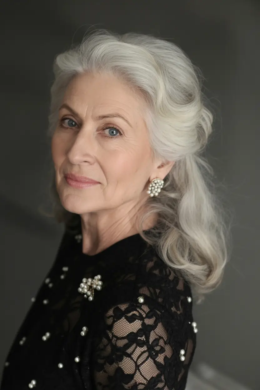 favorite spring haircuts for women over 60 2026 Elegant Half-Up Silver Sweep