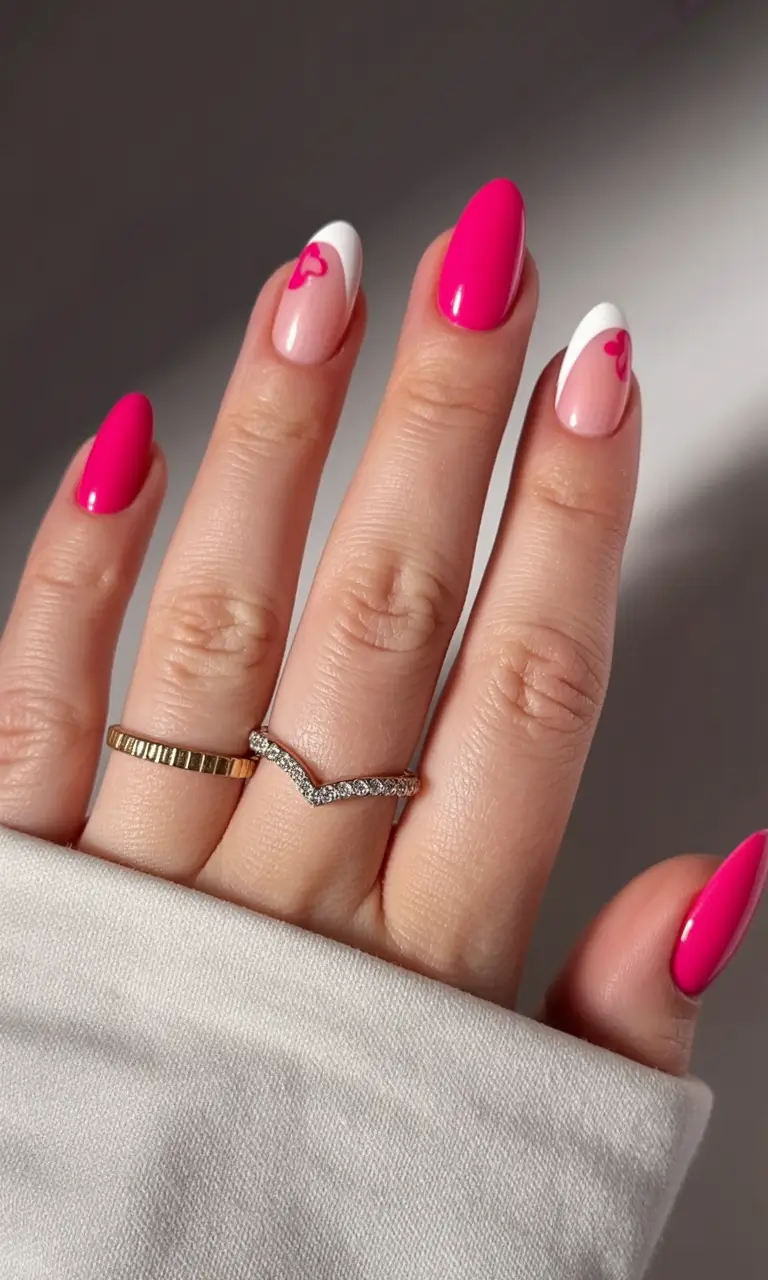 fresh spring nail art for 2026 Bold Pink Hearts With a Soft-Tipped Twist