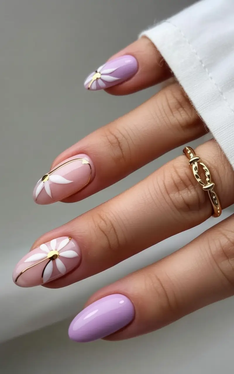 fresh spring nail art for 2026 Lavender Petals With Golden Stems
