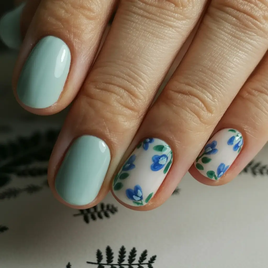 fresh spring nail art for 2026 Mint & Blue Wildflowers