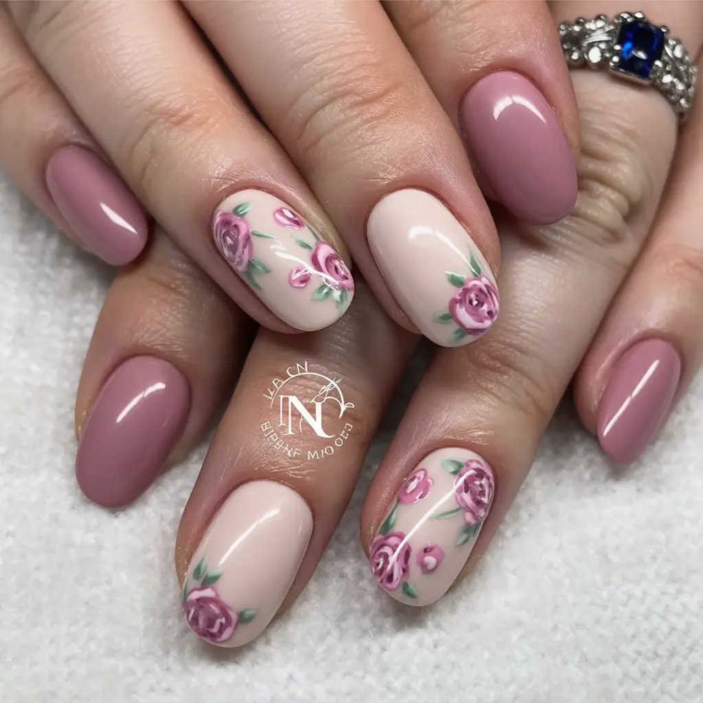 fresh spring nail art for 2026 Vintage Rose Garden on Nude