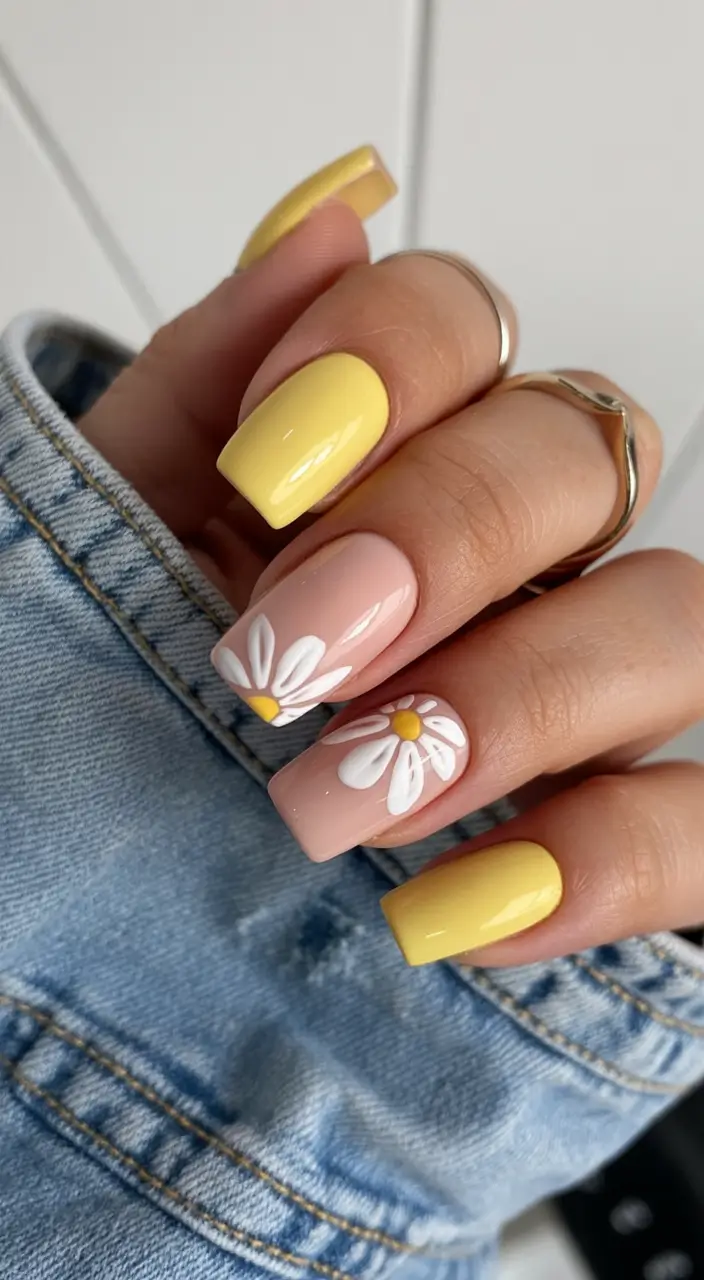 fresh spring nail art for 2026 Sunny Daisy Pop With Pastel Yellow