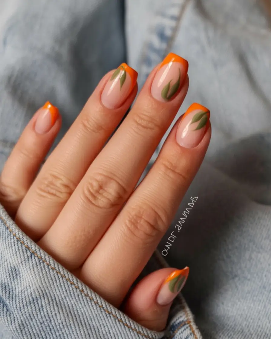 fresh spring nail art for 2026 Tangerine French With Botanical Accents