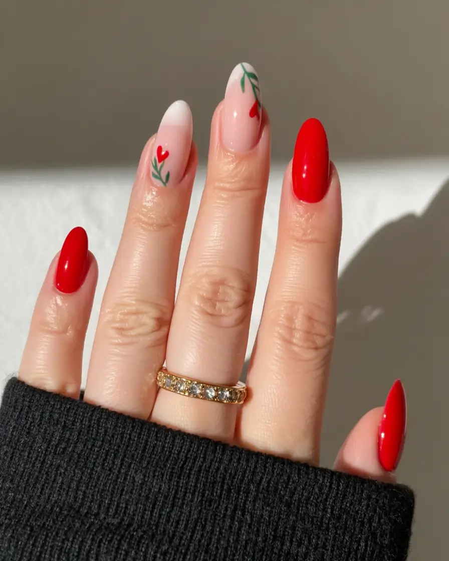 fresh spring nail art for 2026 Red Garden Hearts on Nude Ombré