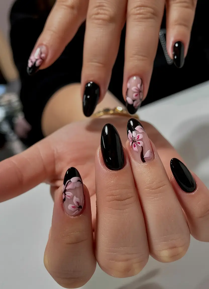 fresh spring nail art for 2026 Midnight Blossoms on Glossy Black