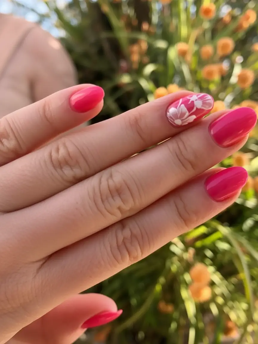 fresh spring nail art for 2026 Fuchsia Glow With Delicate White Florals