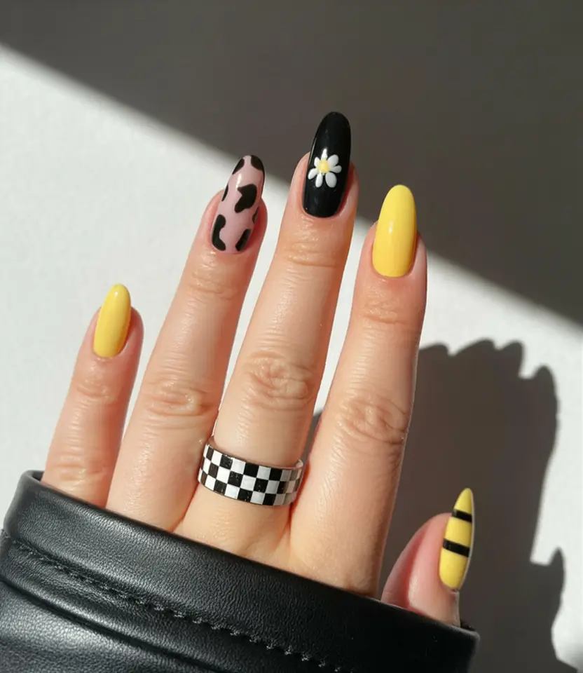 fresh spring nail art for 2026 Sunny Contrast: Yellow, Black & Daisy Pop