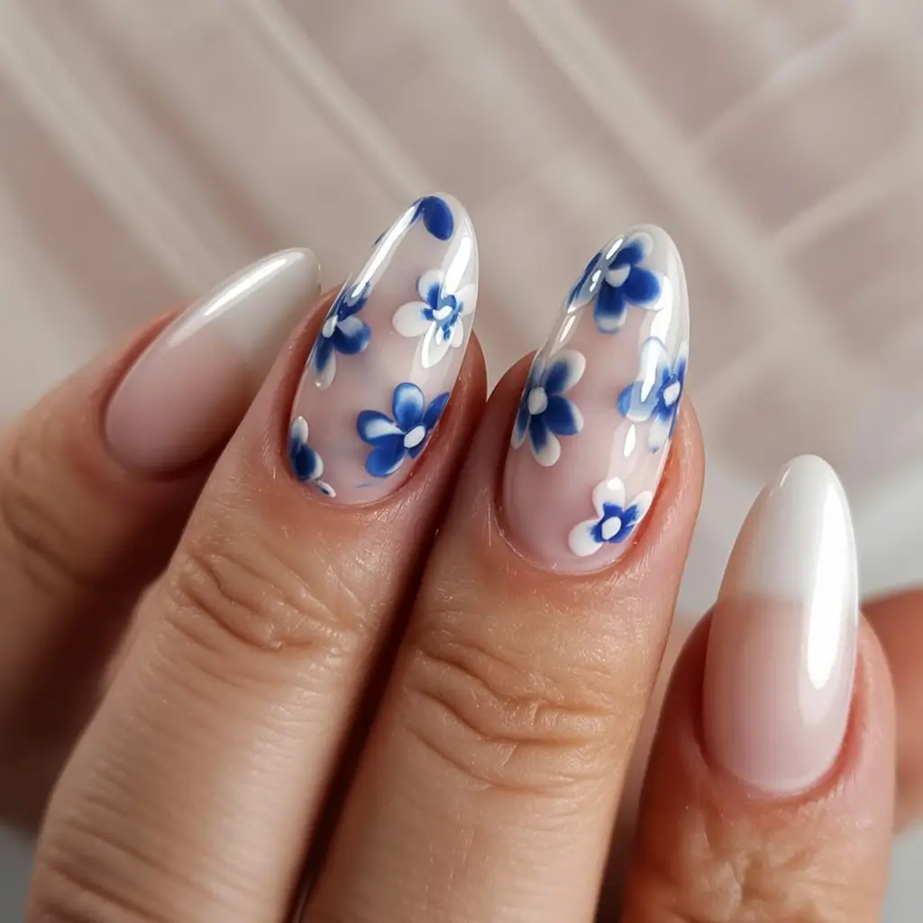 fresh spring nail art for 2026 Blue Porcelain Blossoms