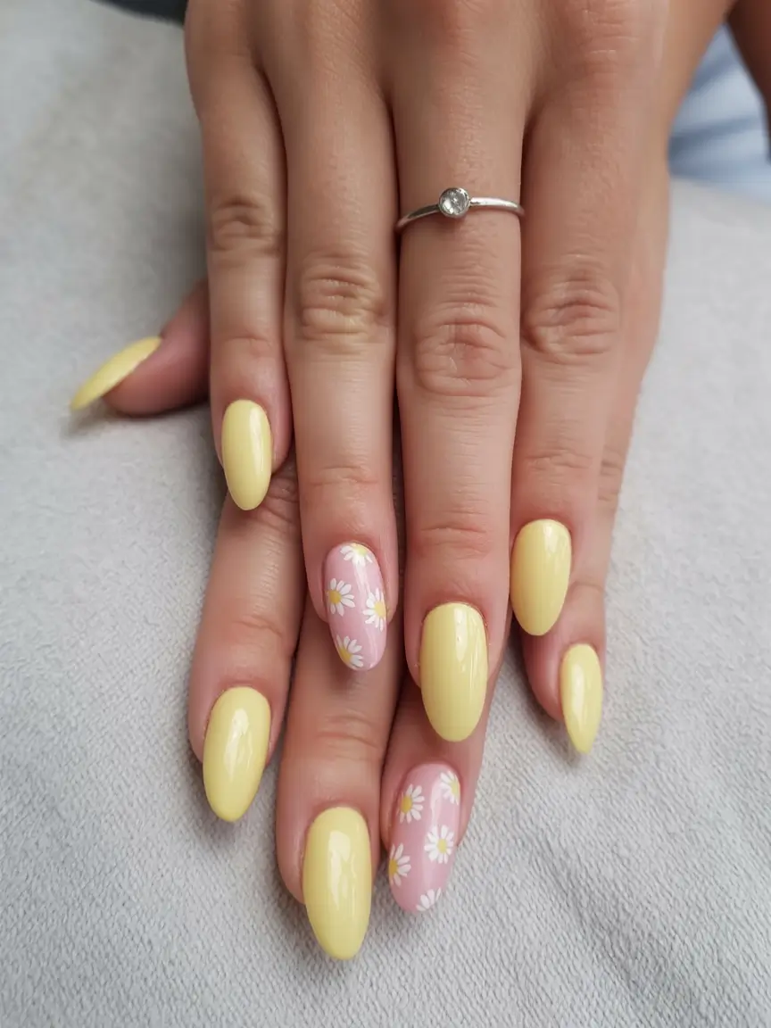 fresh spring nail art for 2026 Pastel Yellow With Playful Daisy Accents