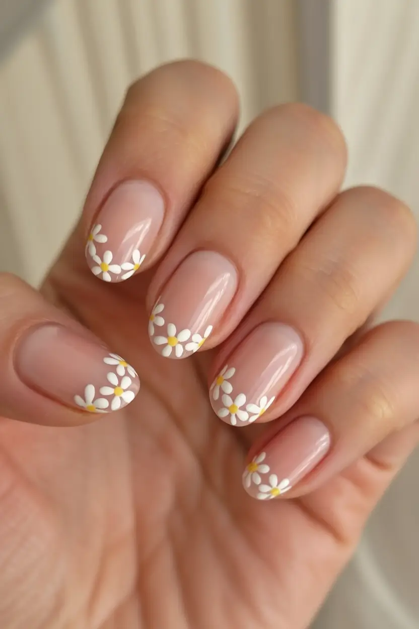fresh spring nail art for 2026 Daisy-Tipped Spring French