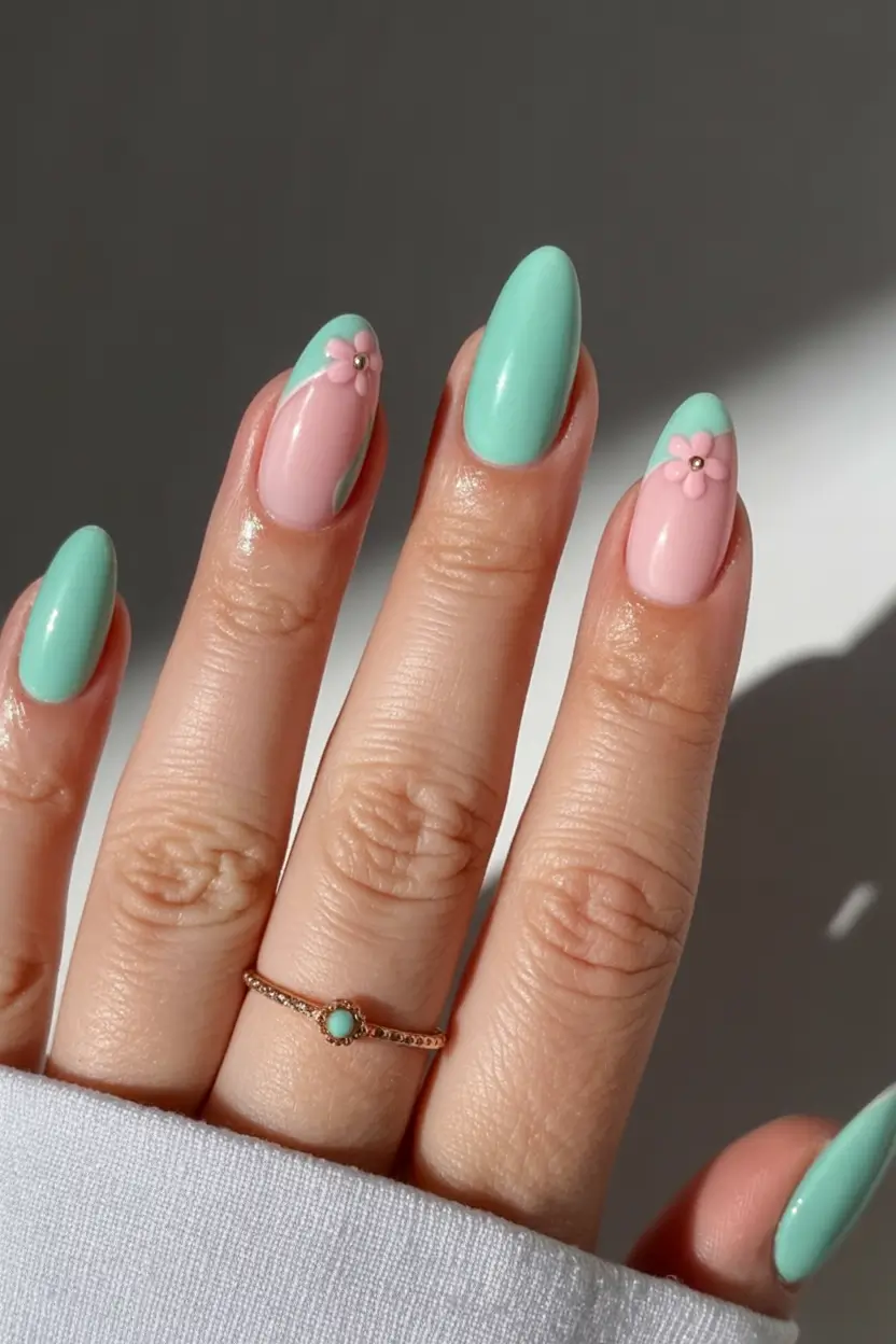 fresh spring nail art for 2026 Mint & Blush Color-Block Blossoms