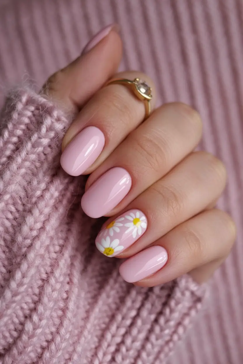 fresh spring nail art for 2026 Pastel Petals on Blush Pink
