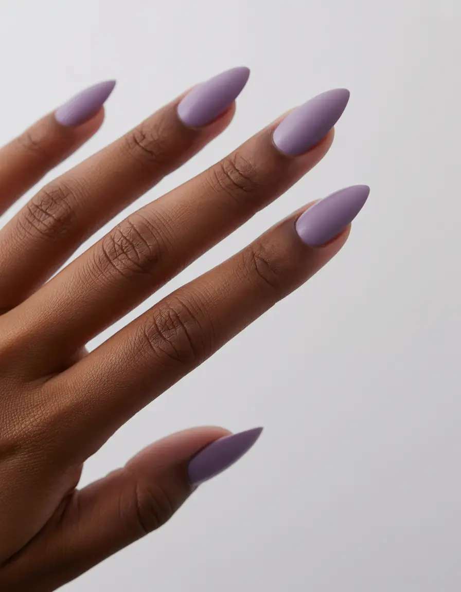 fresh spring nail colors 2026 Matte Lavender Almond Edge