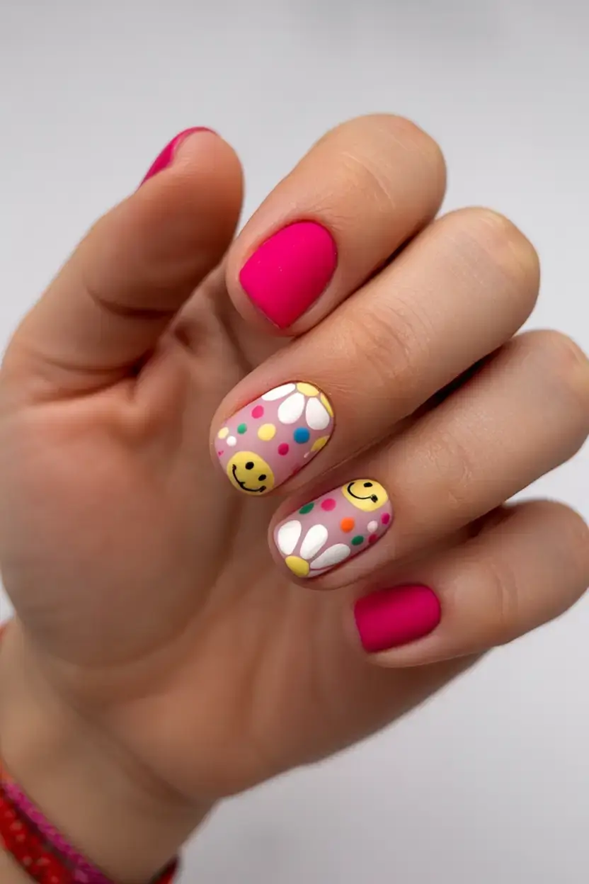 fun spring break nails 2026+Smiley Daisies & Disco Dots