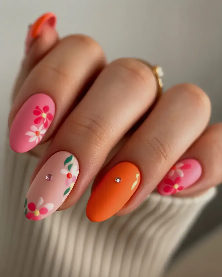 fun spring break nails 2026+Punchy Petals & Pops of Orange