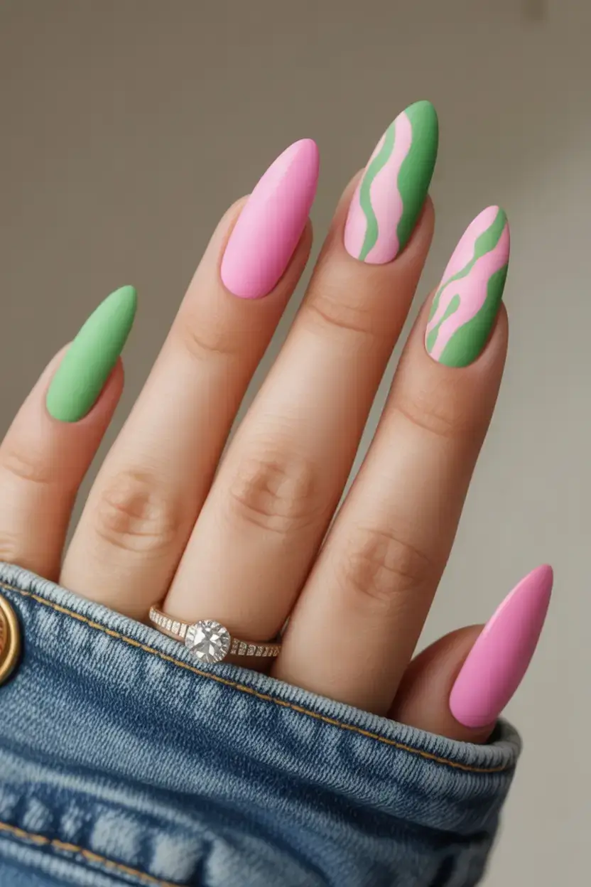 fun spring break nails 2026+Matcha & Strawberry Swirls