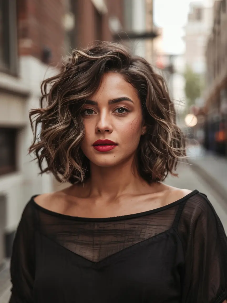 lovely spring haircuts for chubby faces 2026+Curled Lob with Smoky Mocha Highlights
