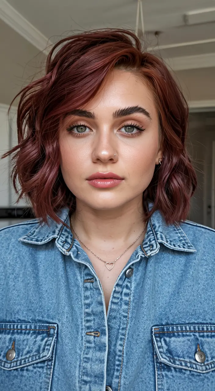 lovely spring haircuts for chubby faces 2026+Wavy Merlot Bob with Side Volume