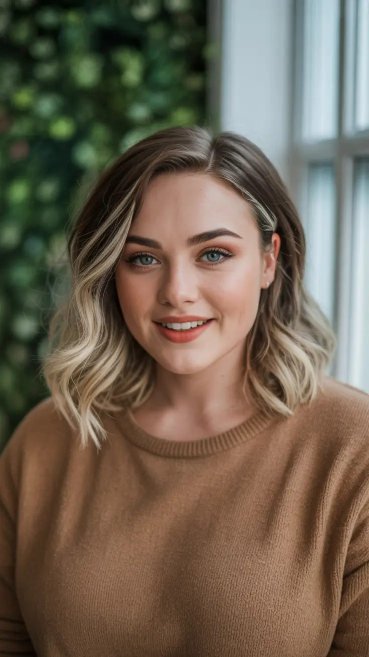 lovely spring haircuts for chubby faces 2026+Rooted Blonde Lob with Polished Waves