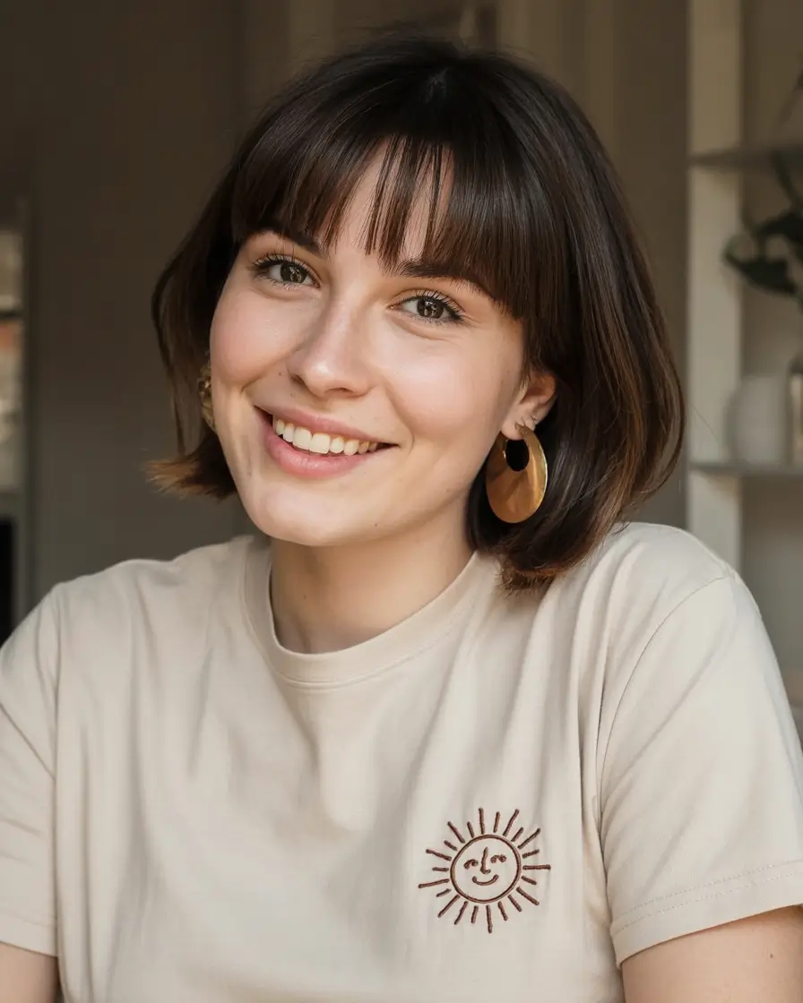 lovely spring haircuts for chubby faces 2026+Rounded French Bob with Baby Bangs