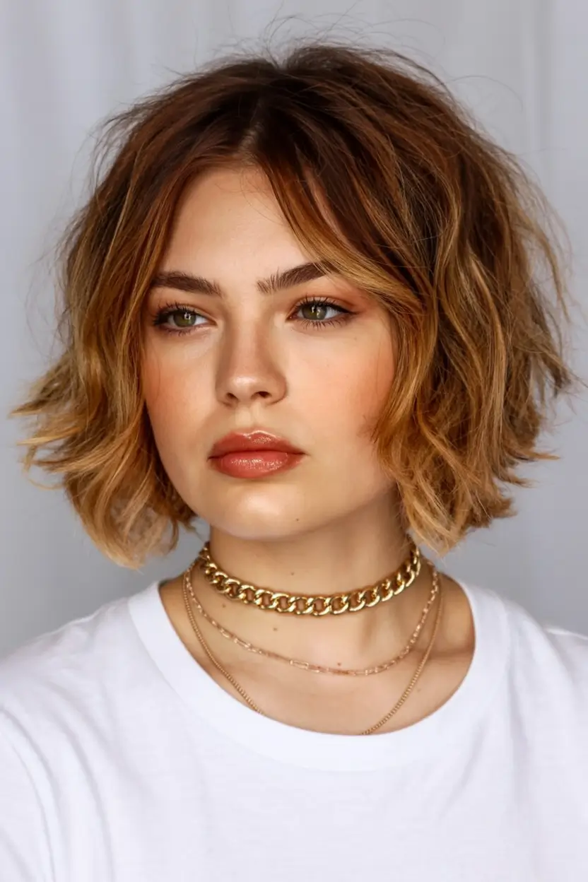 lovely spring haircuts for chubby faces 2026+Messy Bob with Volume and Gold-Washed Tone