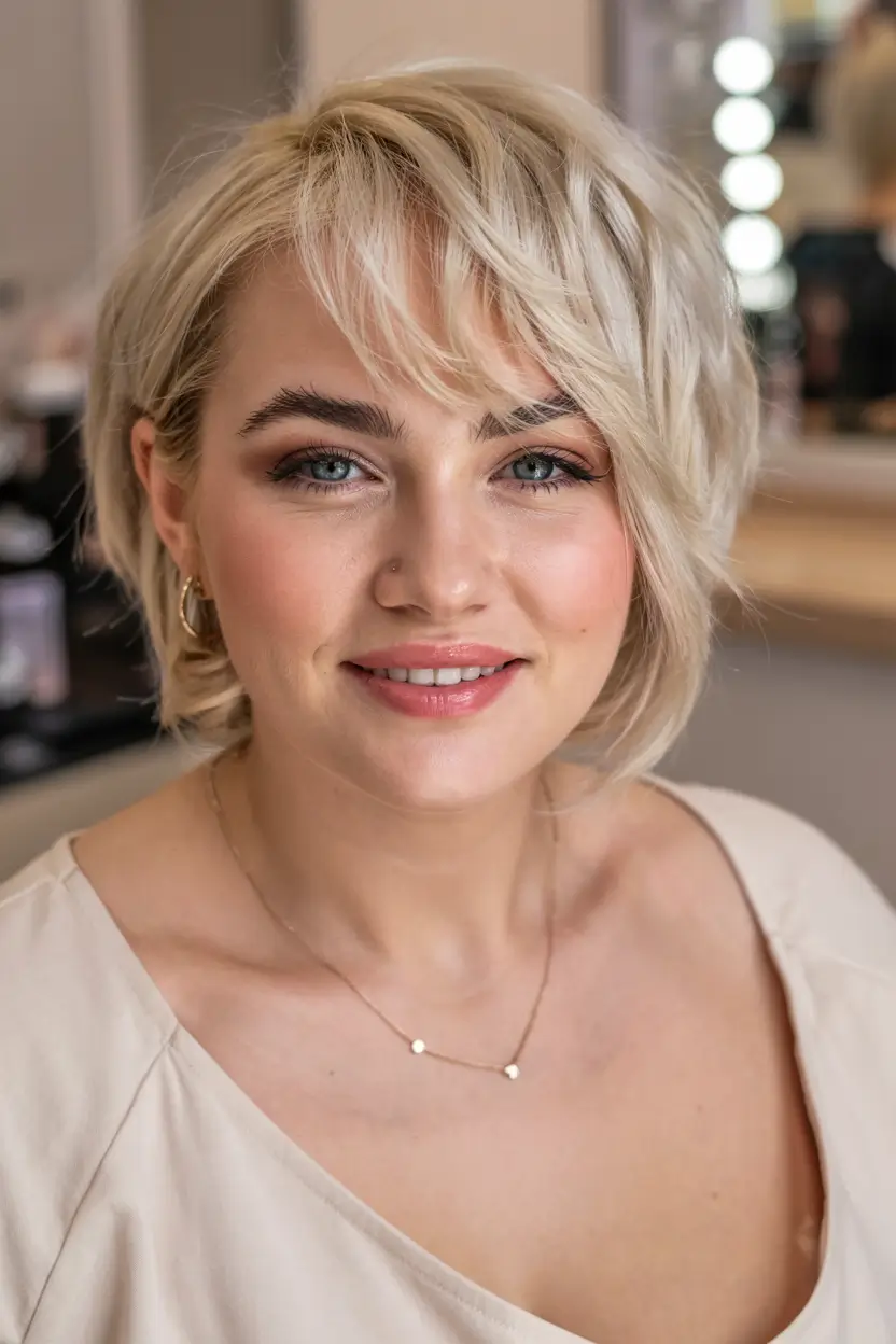 lovely spring haircuts for chubby faces 2026+Feathery Pixie Bob with Platinum Energy
