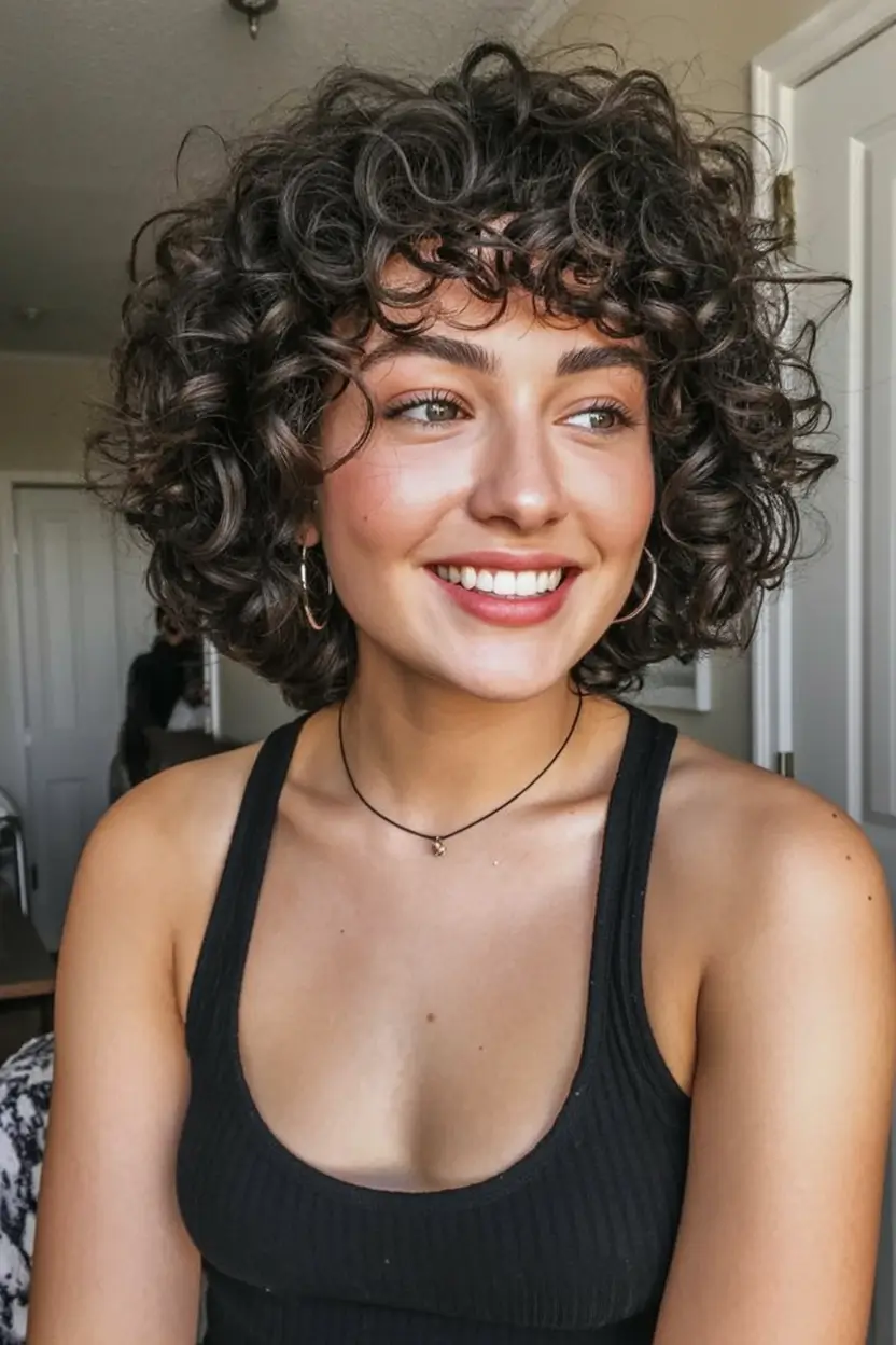 lovely spring haircuts for chubby faces 2026+Spring Curls with Bouncy Fringe