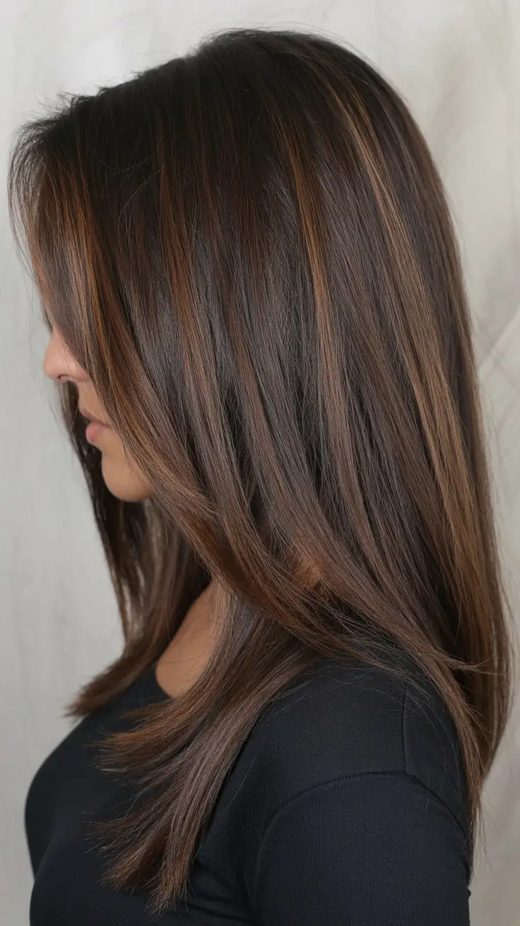 low maintenance spring haircuts for women over 50 2026 Sleek Layered Mid-Length Cut with Caramel Threads