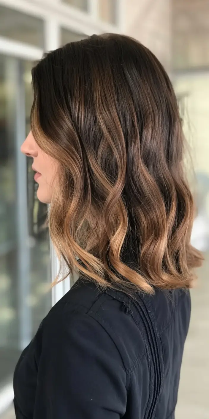 low maintenance spring haircuts for women over 50 2026 Caramel-Bronde Mid-Length Waves with Soft Contour