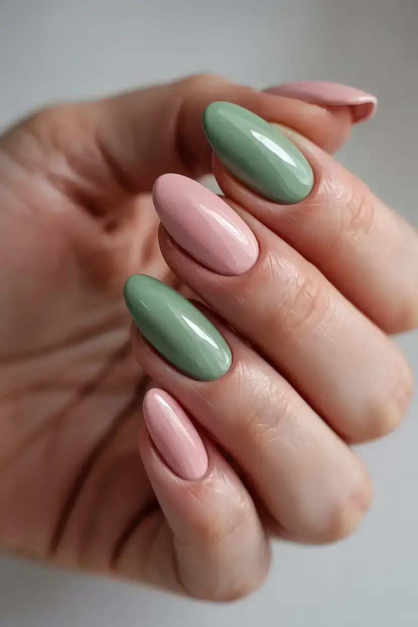 march 2026 nail colors ideas Muted Greens and Rosy Days