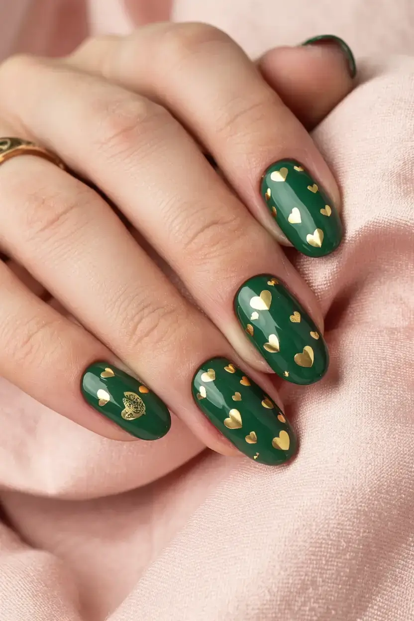 march nails design 2026 Golden Hearts on Emerald