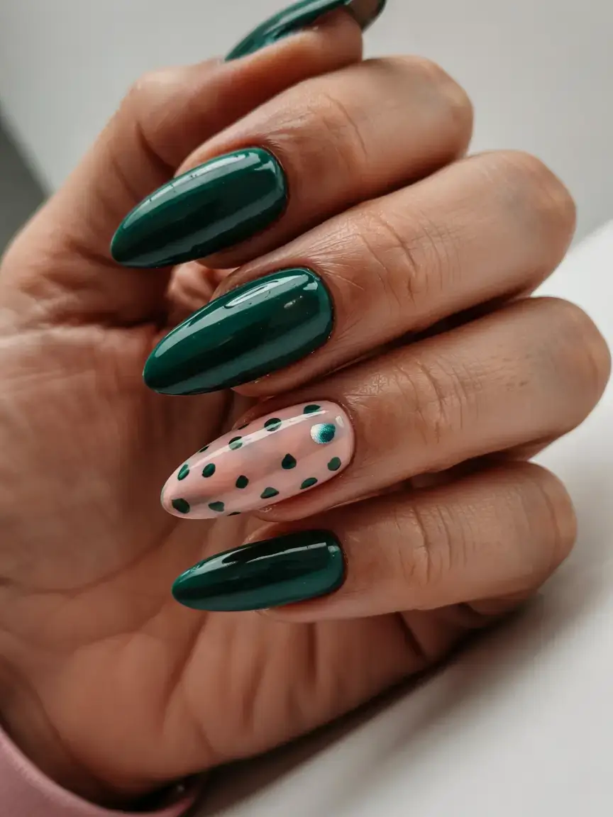 march nails design 2026 Deep Teal & Dots
