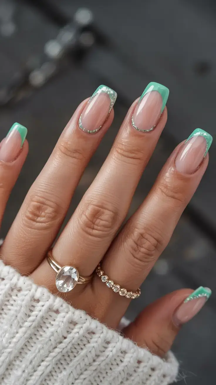 march nails design 2026 Mint French with Glitter Cuticle Accents