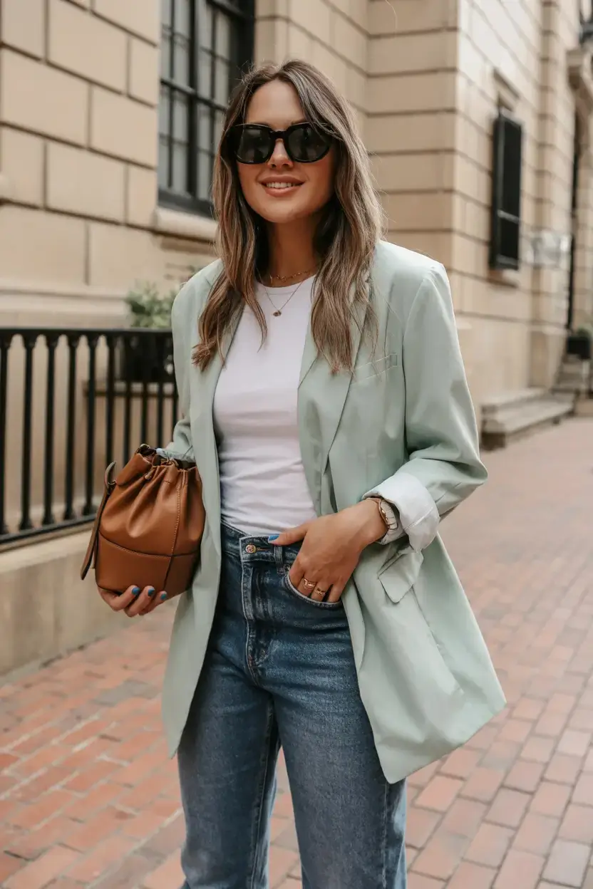 march outfits ideas 2026 Moss Blazer and Denim: A Chic Transitional Duo
