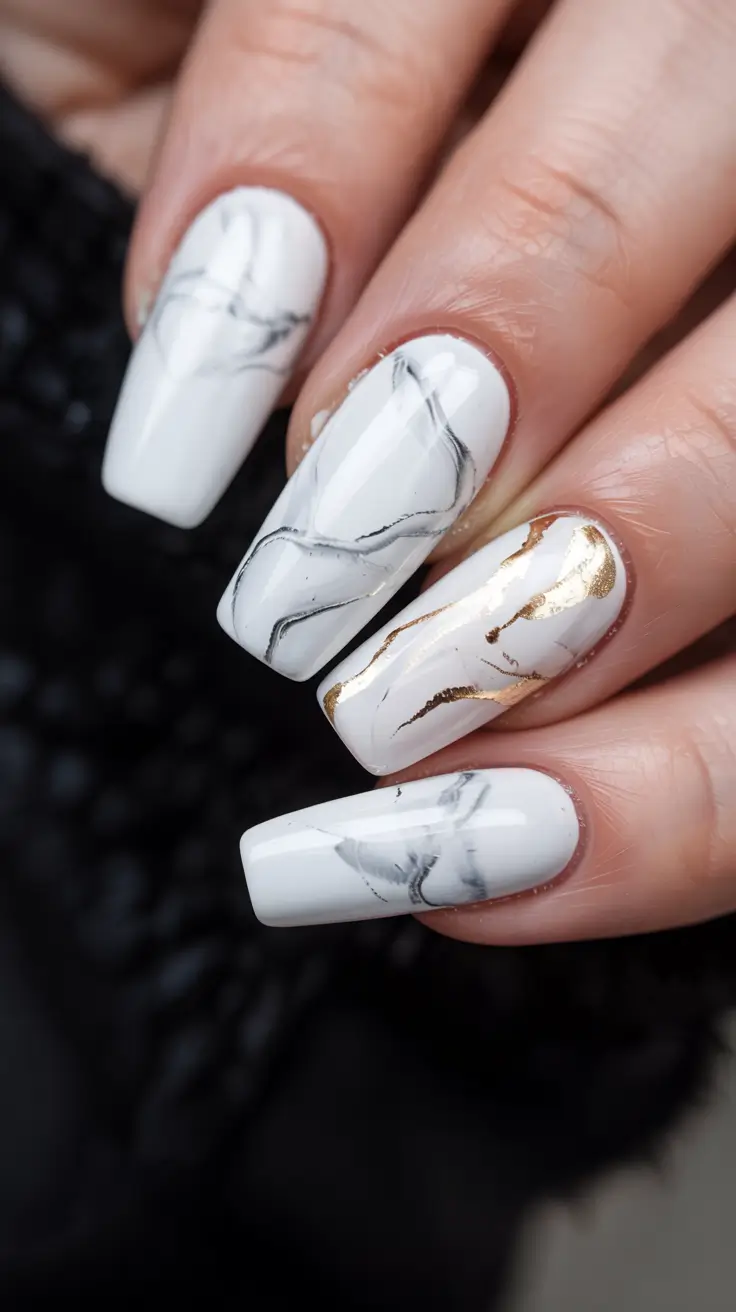 minimalist spring nails coffin 2026 White Marble Luxe Art