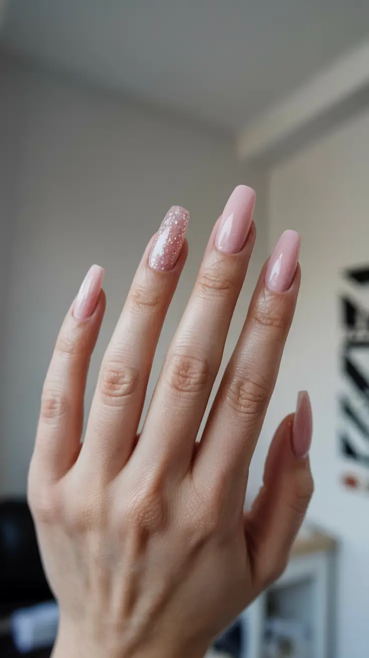 minimalist spring nails coffin 2026 Pink Glow with a Soft Sparkle Accent