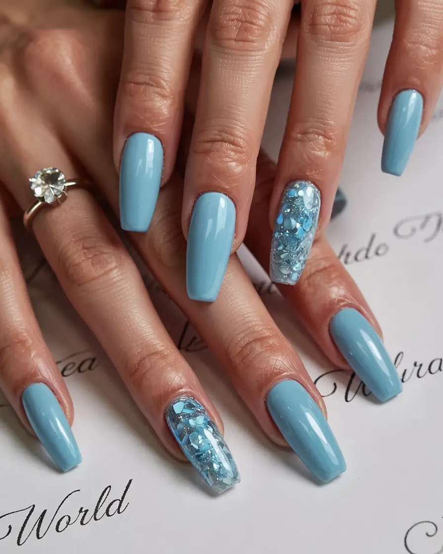 minimalist spring nails coffin 2026 Blue Crystal Accent Nails