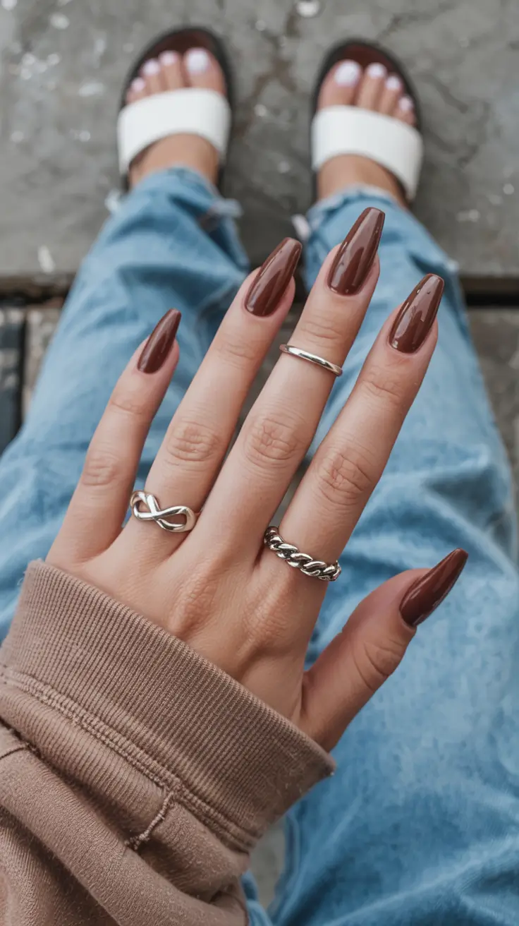 minimalist spring nails coffin 2026 Chocolate Brown Gloss