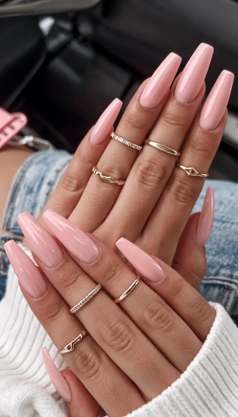 minimalist spring nails coffin 2026 Classic Baby Pink Coffin Shine