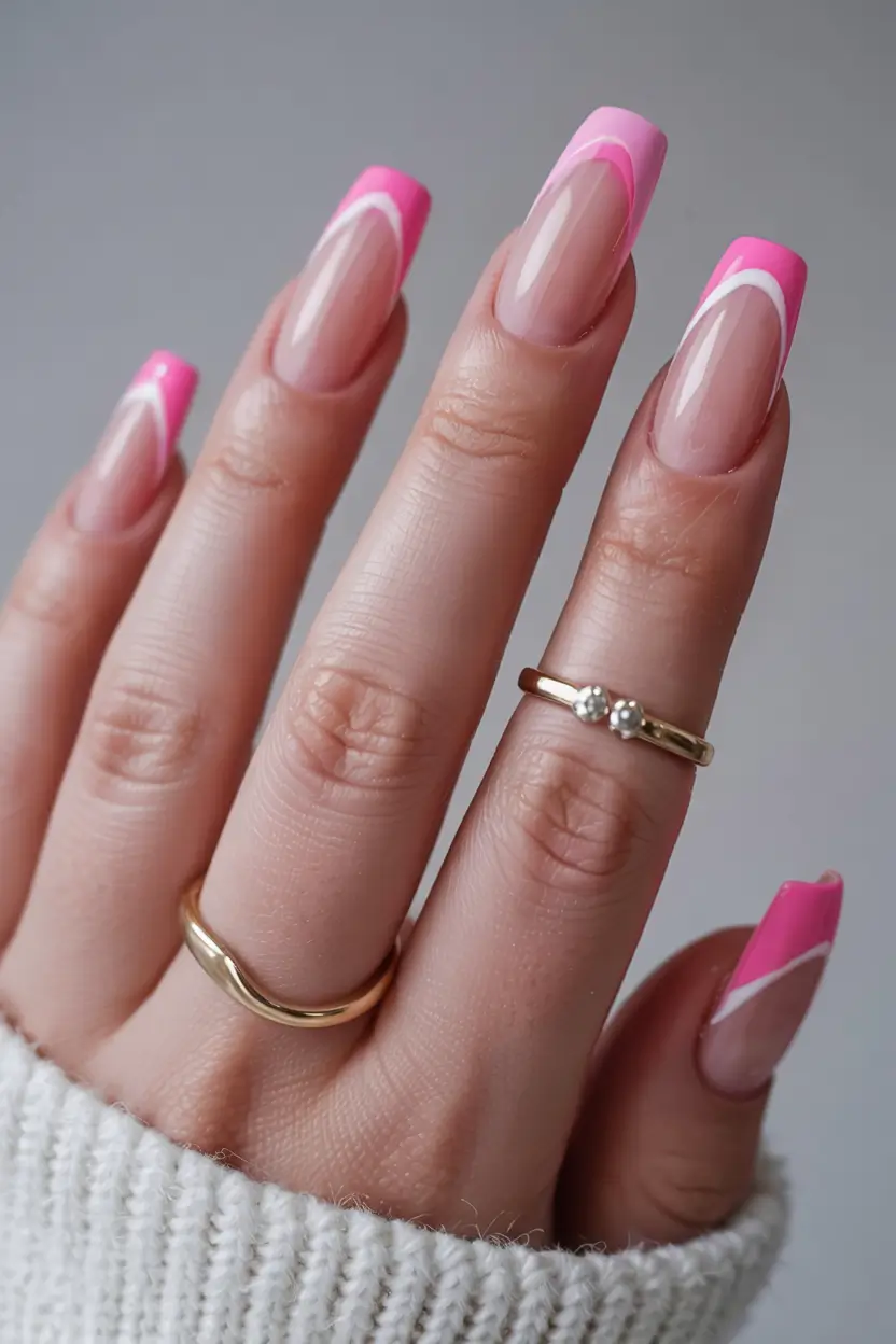 minimalist spring nails coffin 2026 Hot Pink French Swirl