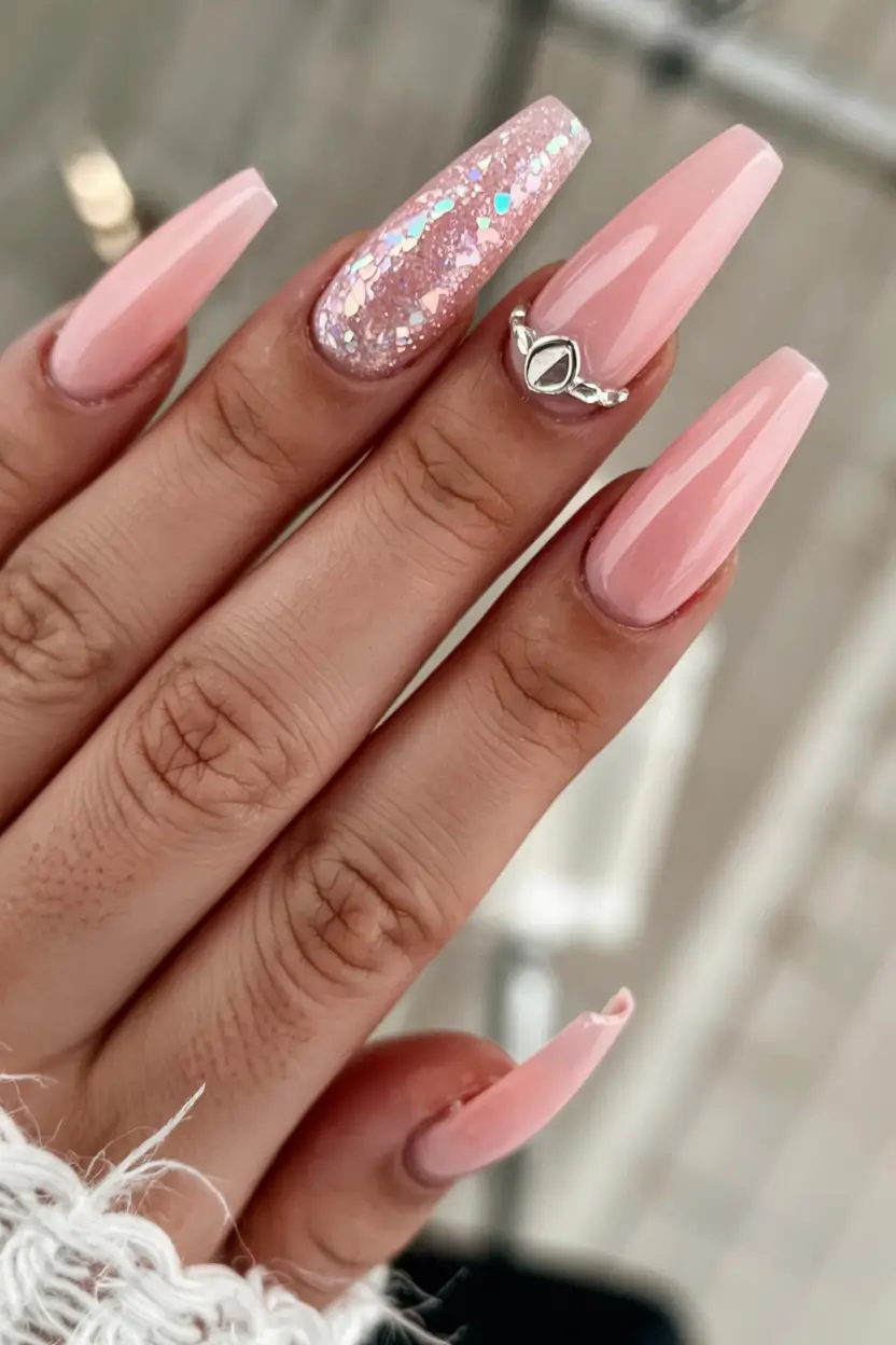 minimalist spring nails coffin 2026 Blush Shell Sparkle